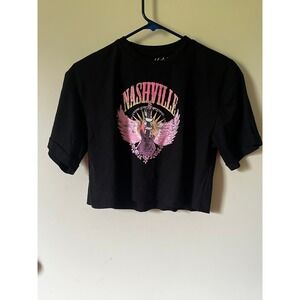 Pink Label Social Club Nashville Graphic Crop Top Black Pink Wings Guitar Large